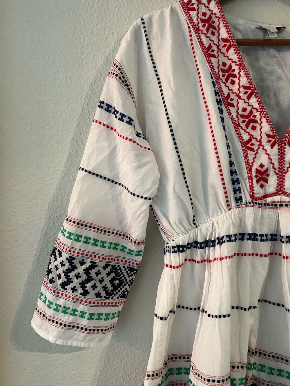 Joie White Embroidered V-Neck Mini Dress with Red, Navy & Green Accents - Picture 3 of 11
